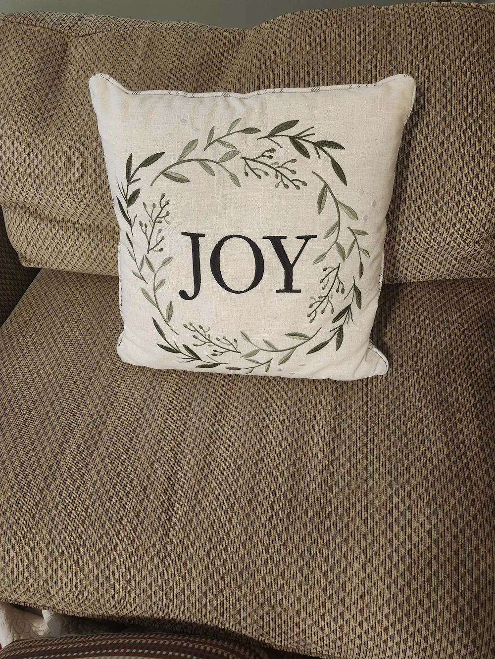 JOY Wreath Decorative Pillow - Cream with Green Leaf Design